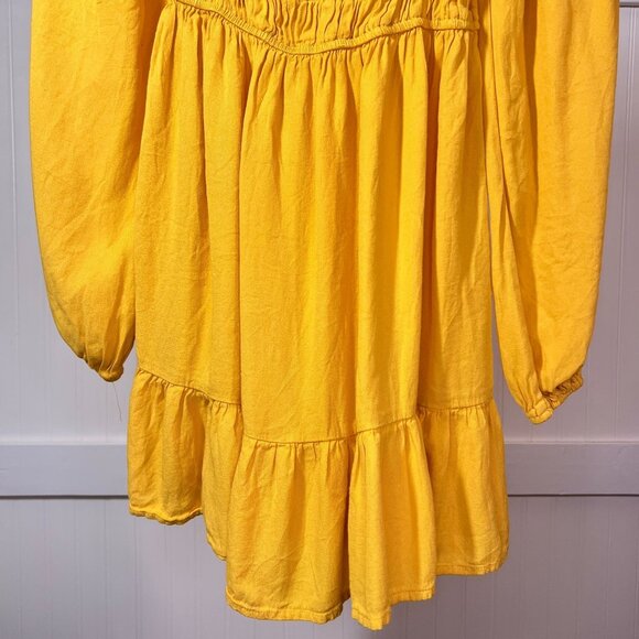 Forever 21 Boho Yellow Long Sleeve Mini Dress Square Neck Smocked Waist Ruffle - Picture 6 of 11